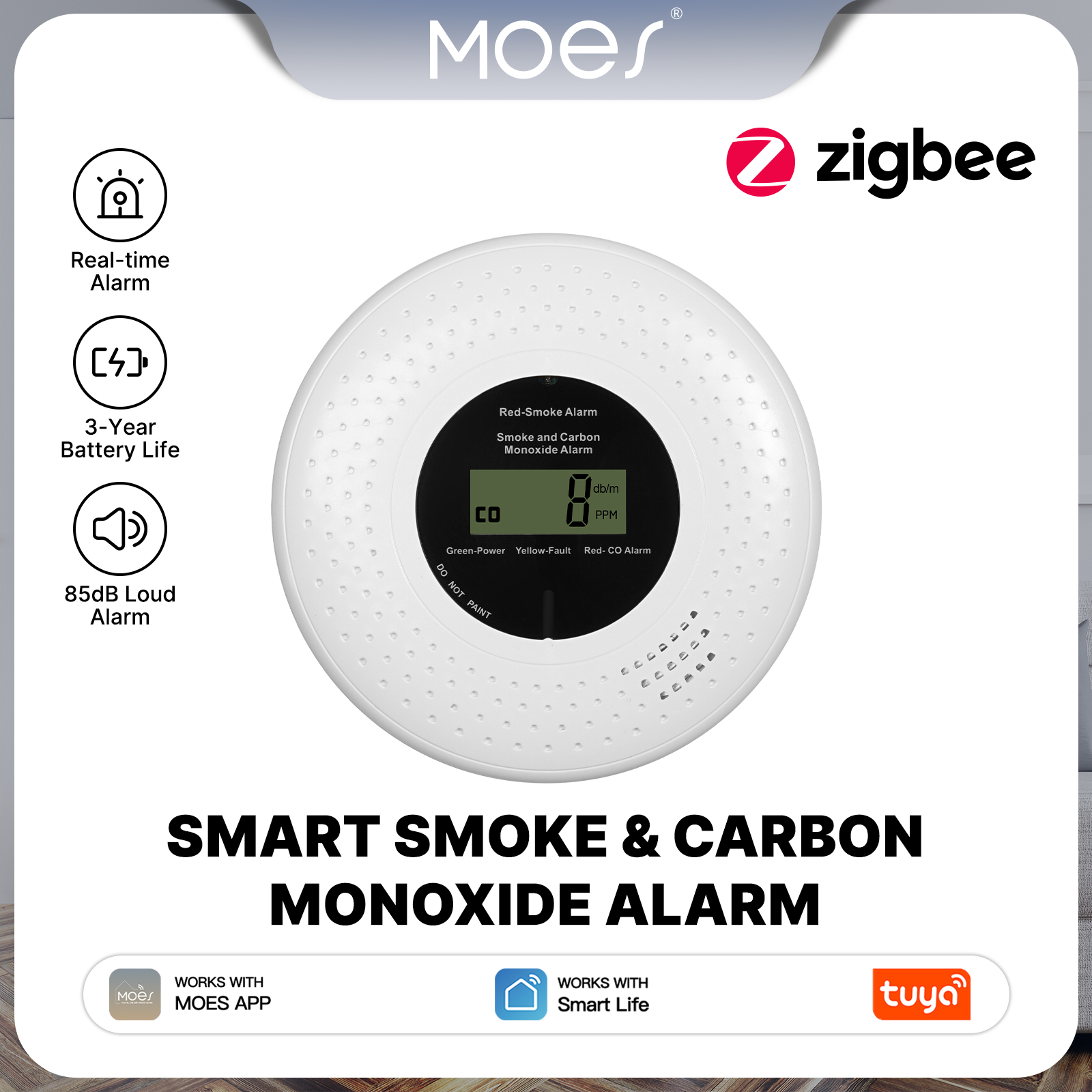 Home Security Monitor - MOES Tuya Zigbee Smart Smoke Carbon